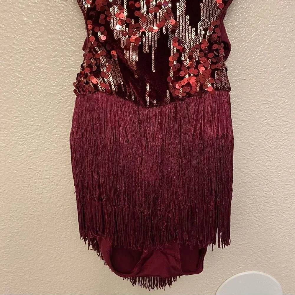 WEISSMAN Elite Dance Costume burgundy red sequin fringe Belong D13198 SA